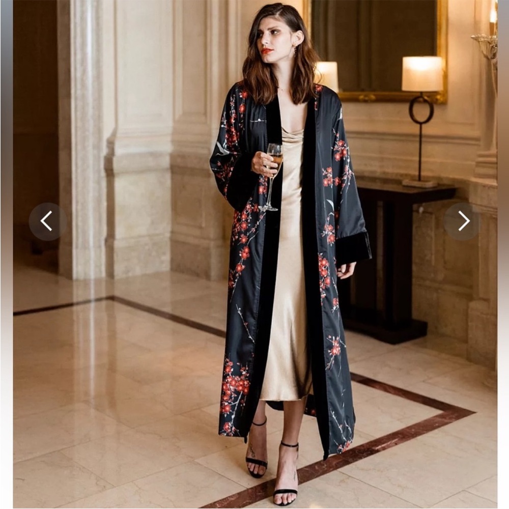 Kim + One Black Floral Cherry Blossom & Crane Robe